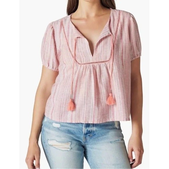 Lucky Brand Womens Stripe Split Neck Cotton & Linen Blouse - Picture 2 of 4